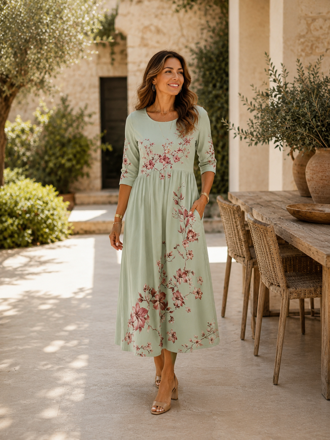 Sage Blossom Grace Pocket Midi Dress