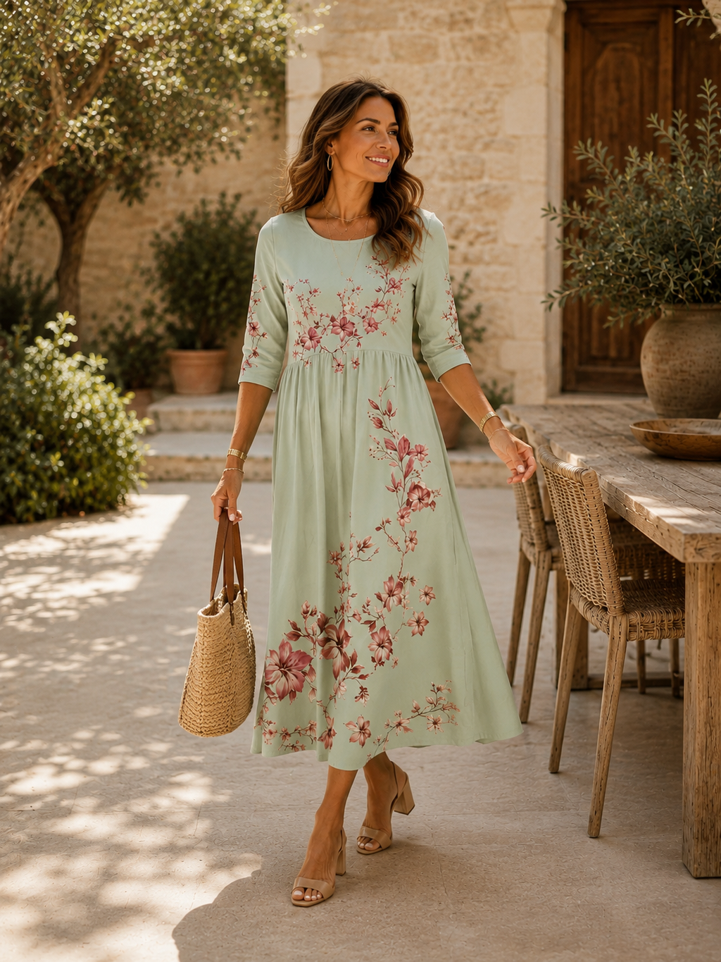 Sage Blossom Grace Pocket Midi Dress