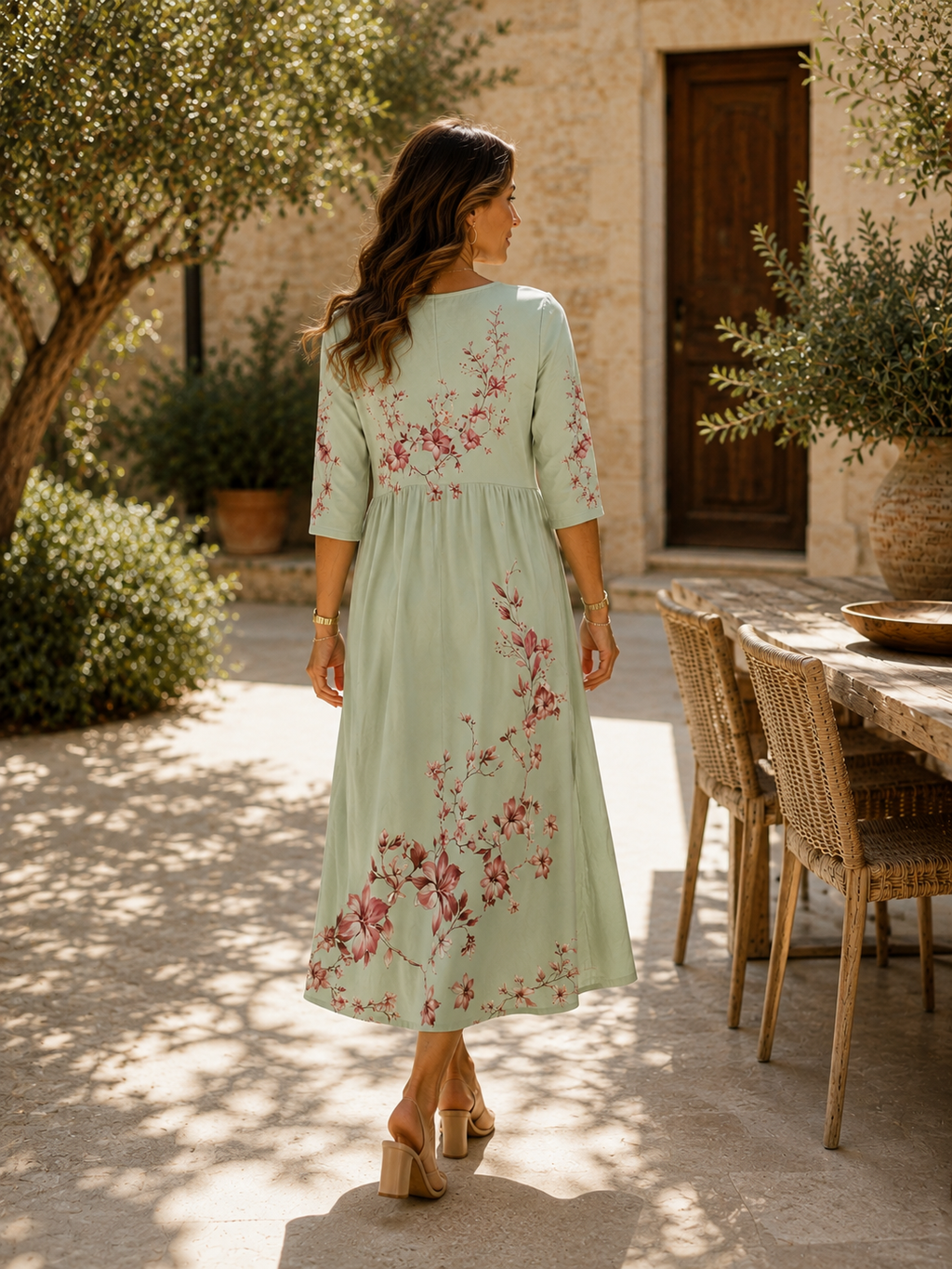 Sage Blossom Grace Pocket Midi Dress