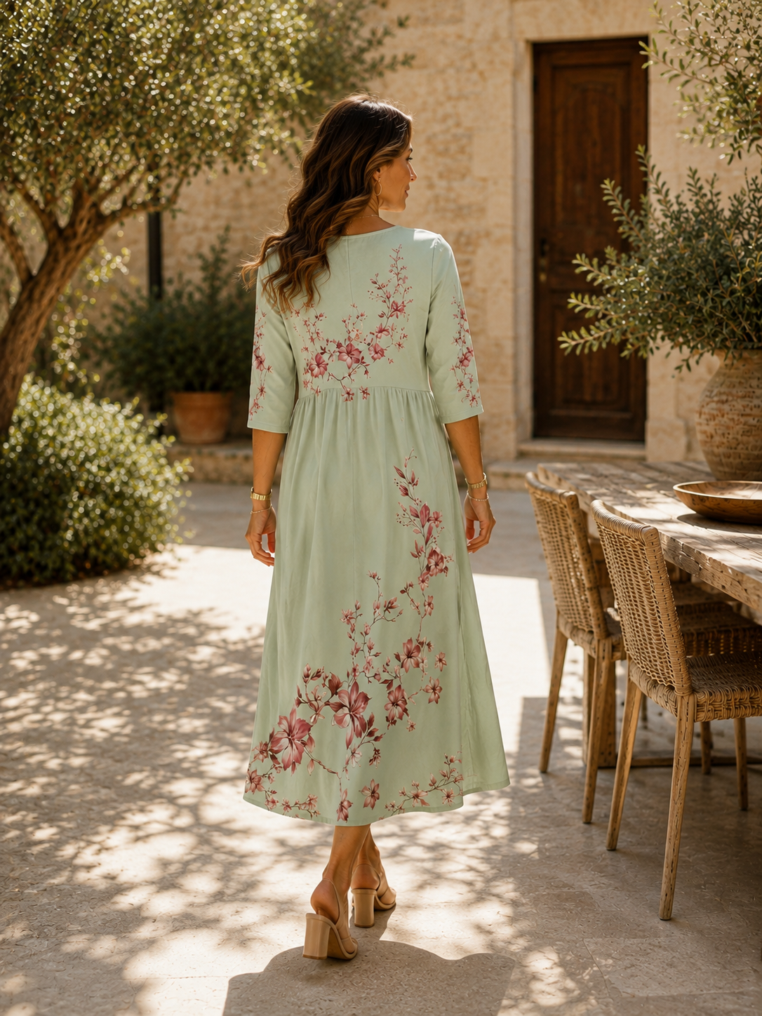 Sage Blossom Grace Pocket Midi Dress