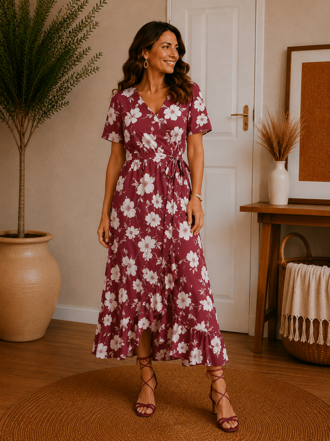 The Floral Ruffle Knot Side Wrap Dress