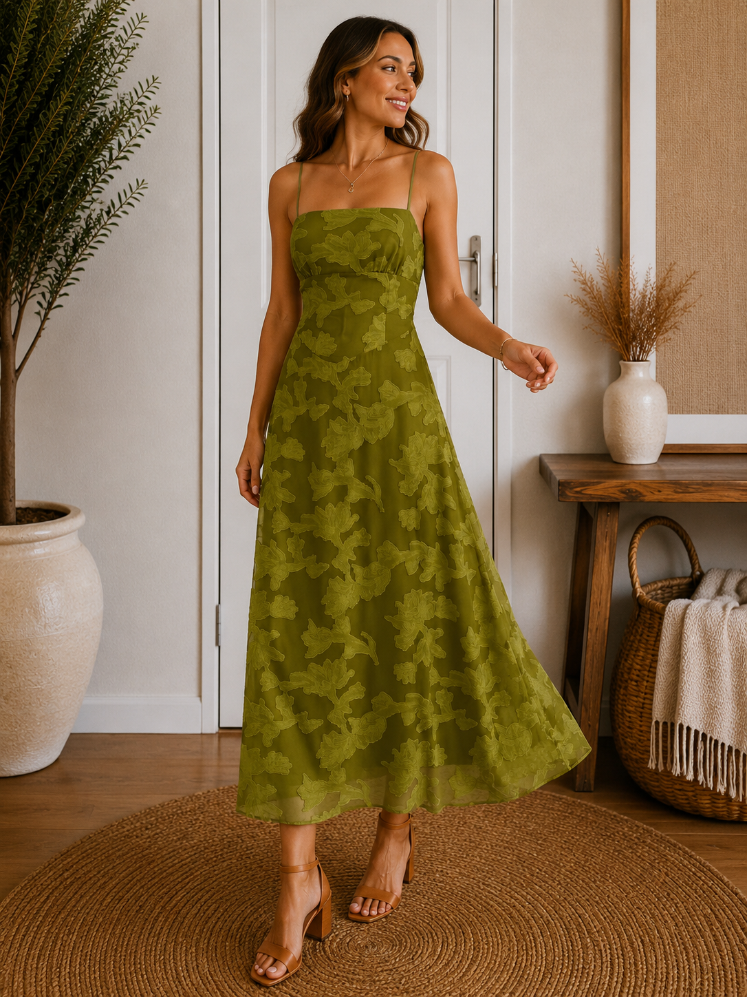 Green Floral Ruched Maxi Dress