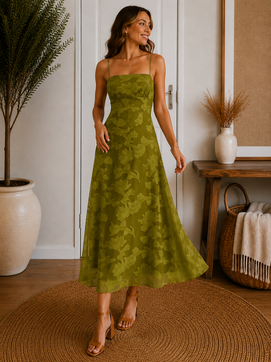 Green Floral Ruched Maxi Dress