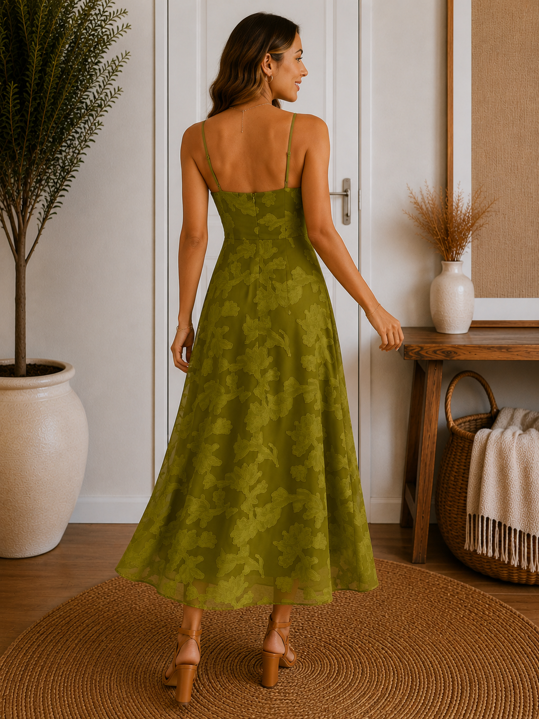 Green Floral Ruched Maxi Dress