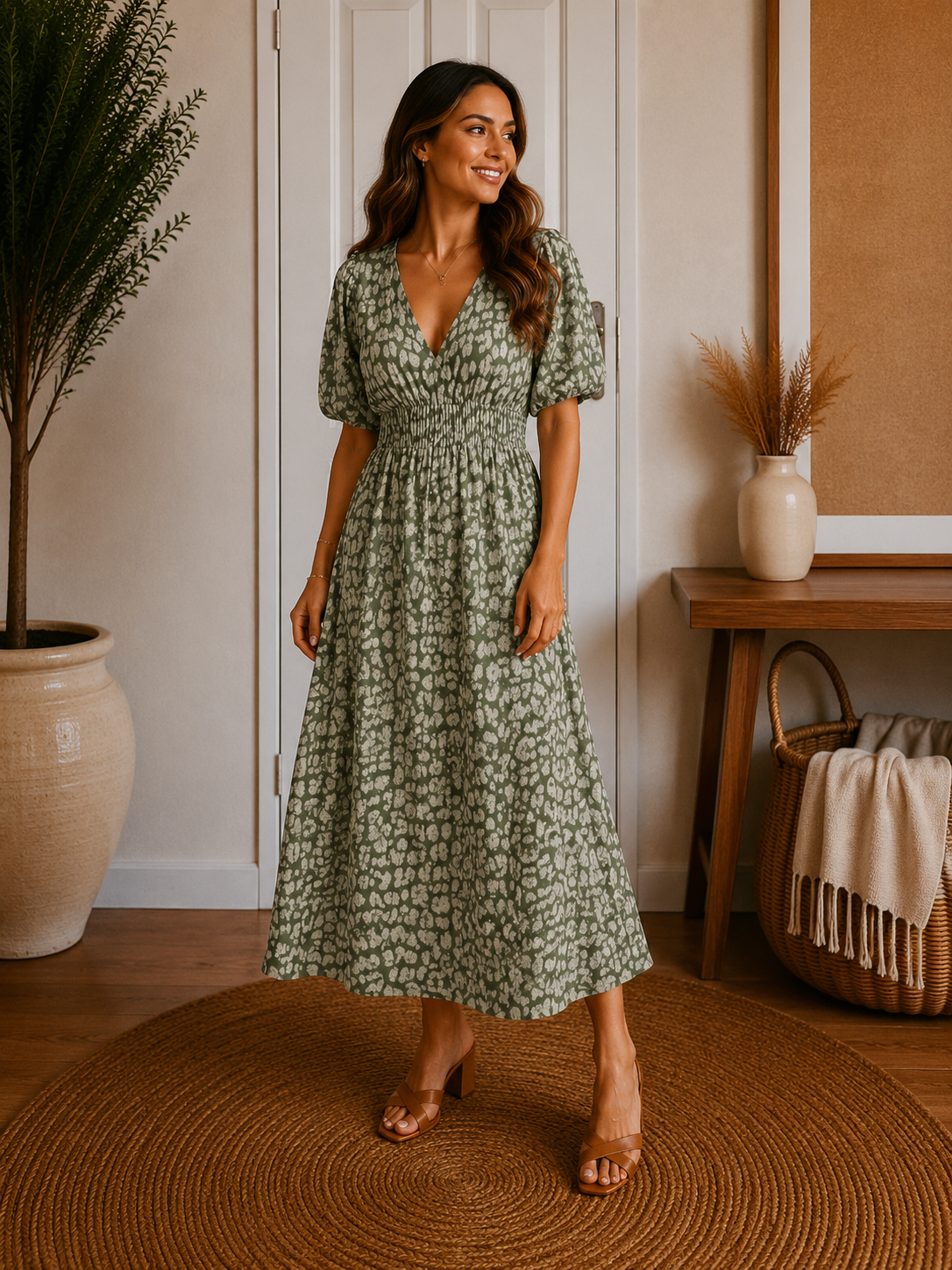 Women's V-Neck Printed Dress Green