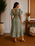 Women's V-Neck Printed Dress Green