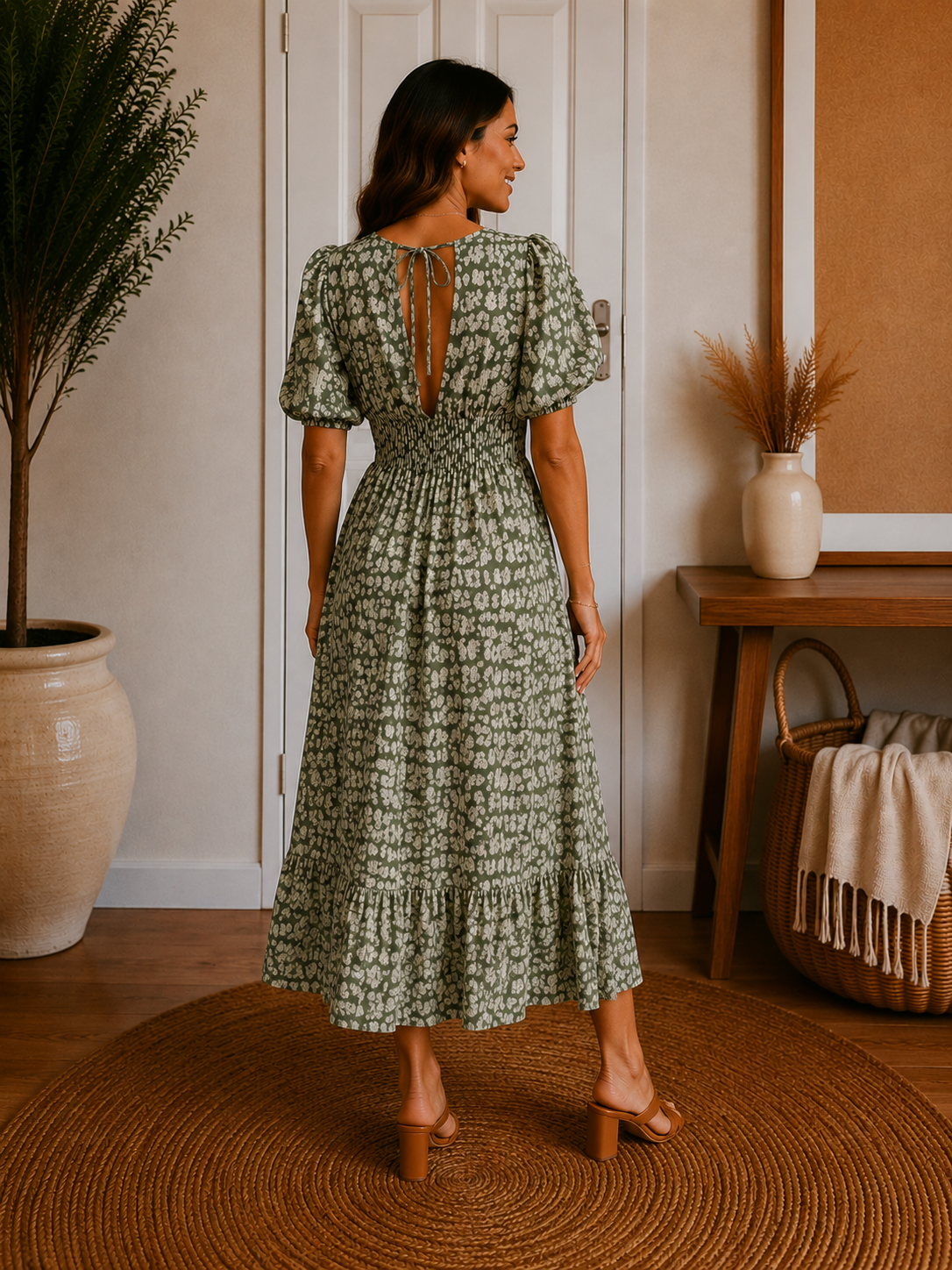 Women's V-Neck Printed Dress Green
