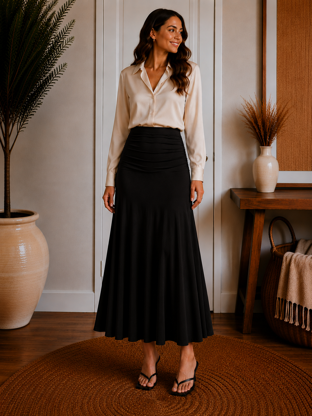 Ultrasoft Mid Rise A-line Ruched Maxi Skirt