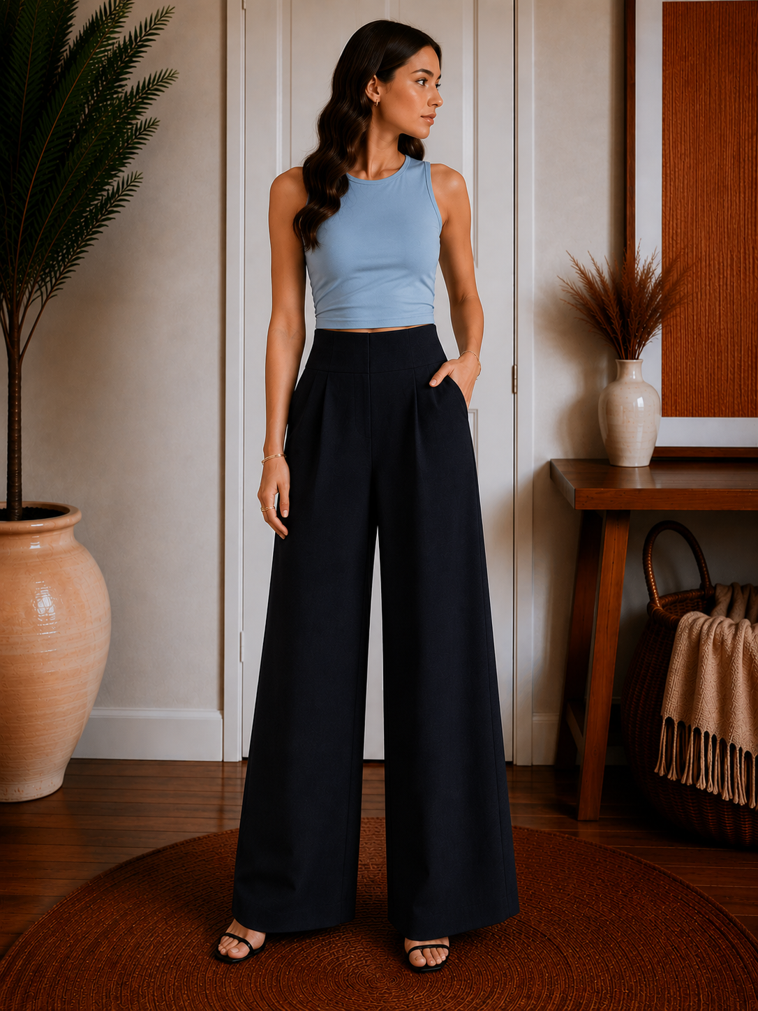 Tummy-Smooth Wide Leg Pull-on Pants with Pockets