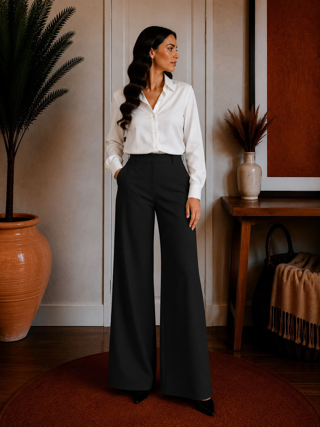 Mid Rise Flared Wide Leg Pants