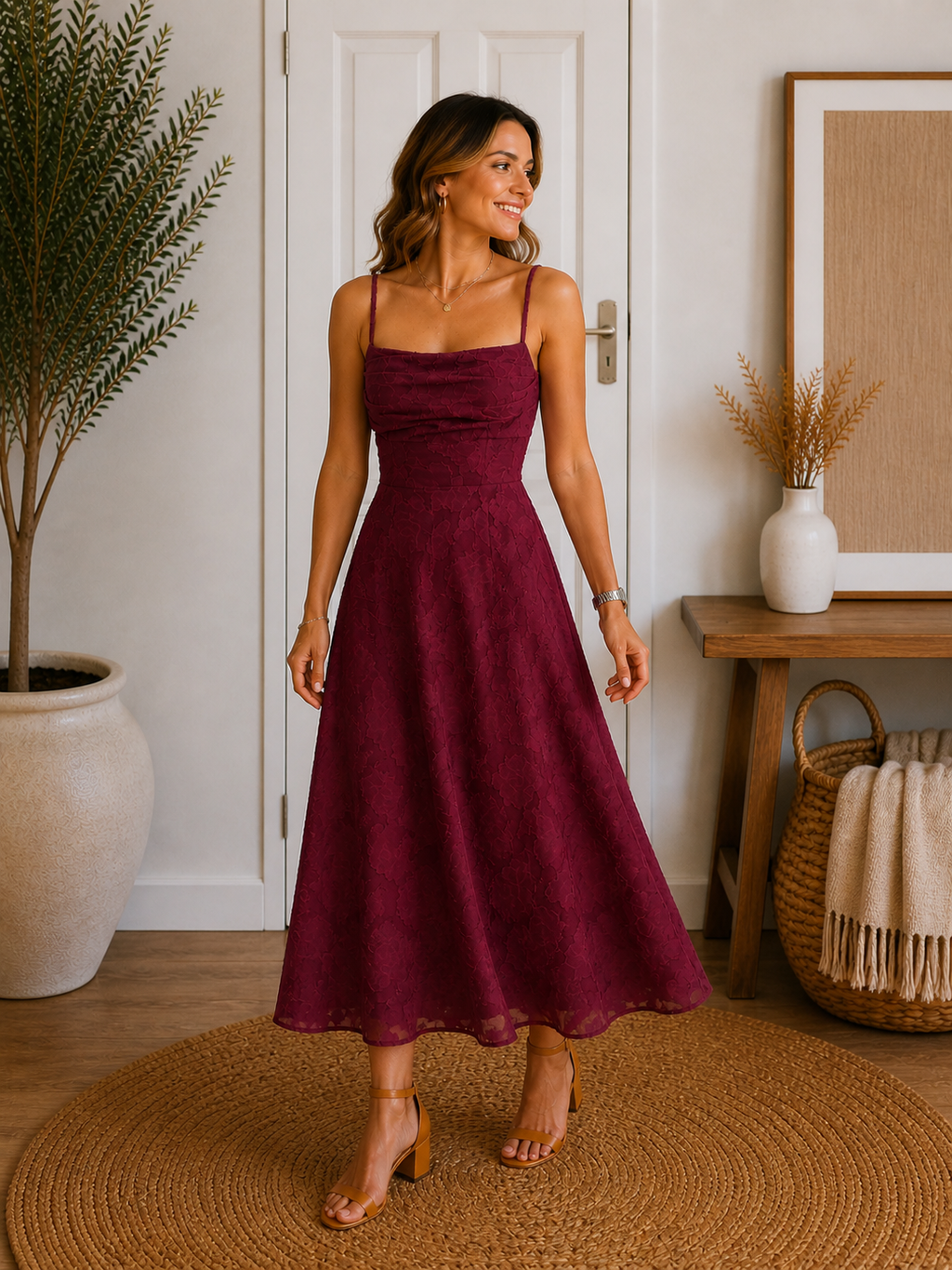 Wine Red Jacquard Slip Maxi Dress