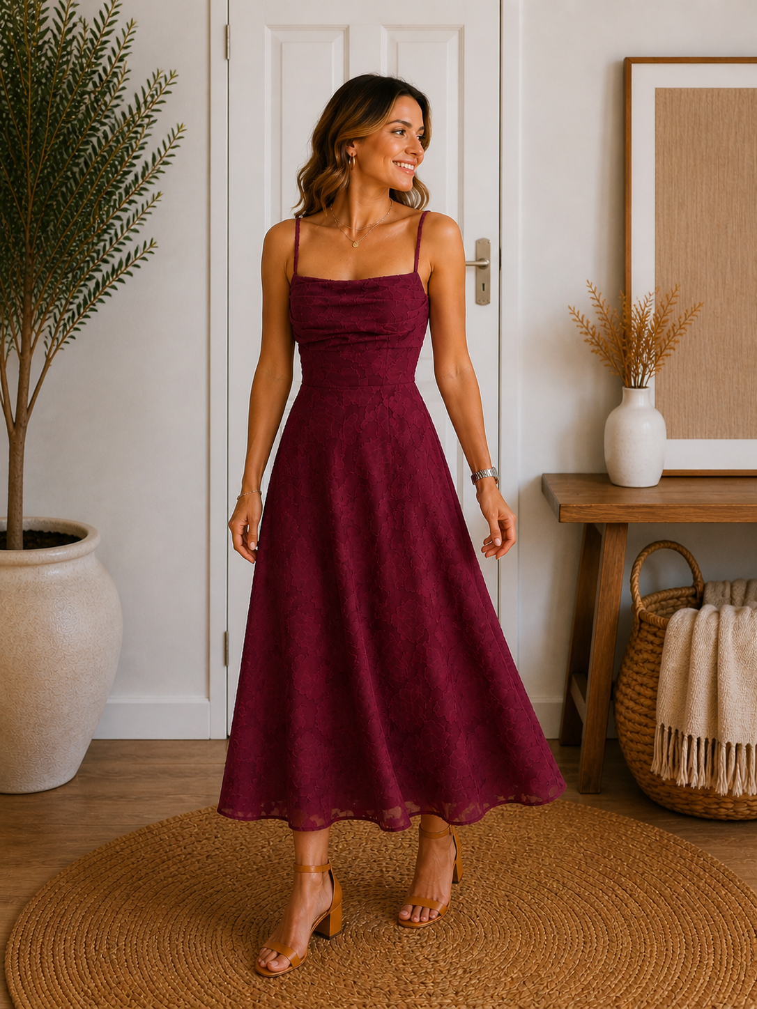 Wine Red Jacquard Slip Maxi Dress