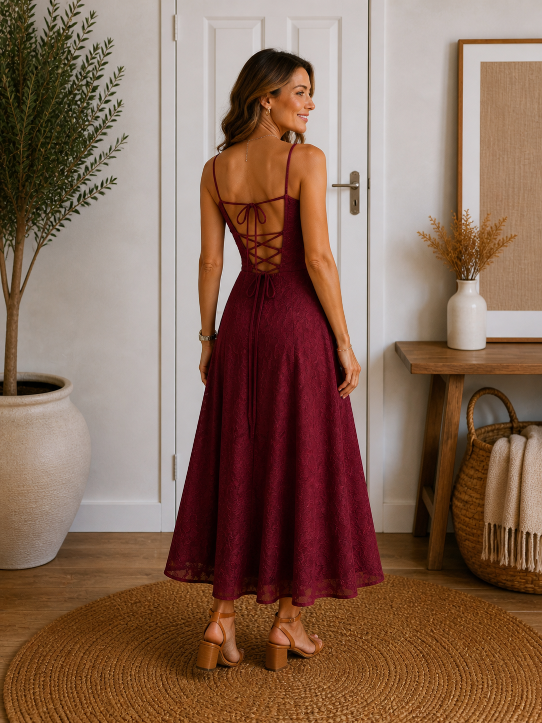 Wine Red Jacquard Slip Maxi Dress