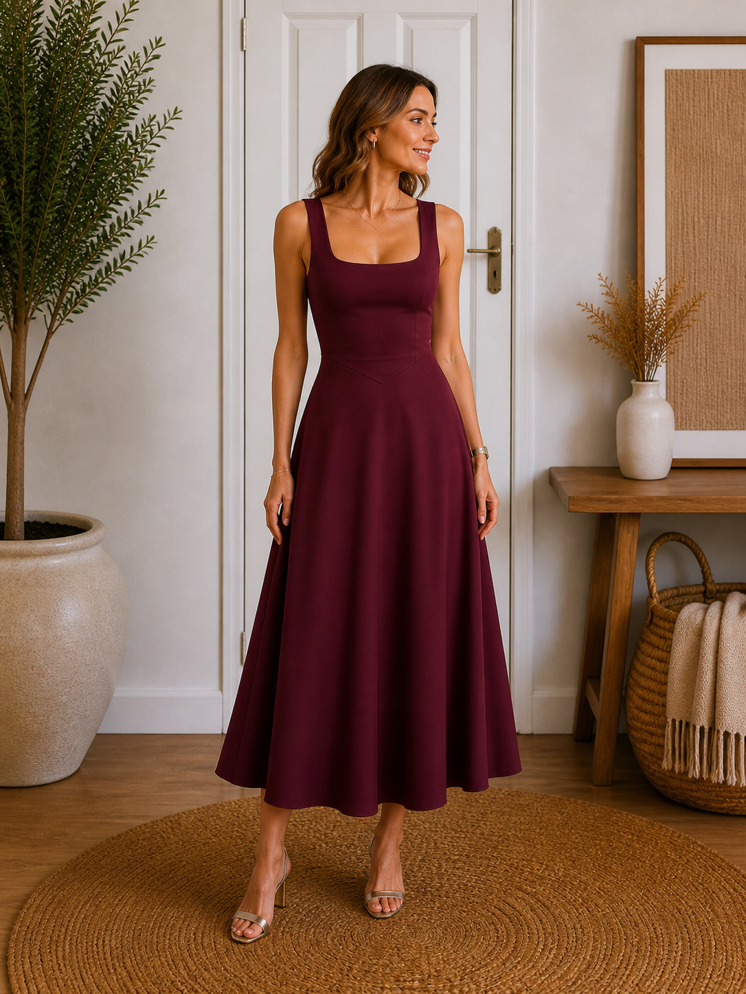 Square Neck A-line Midi Dress