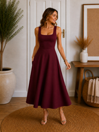 Square Neck A-line Midi Dress