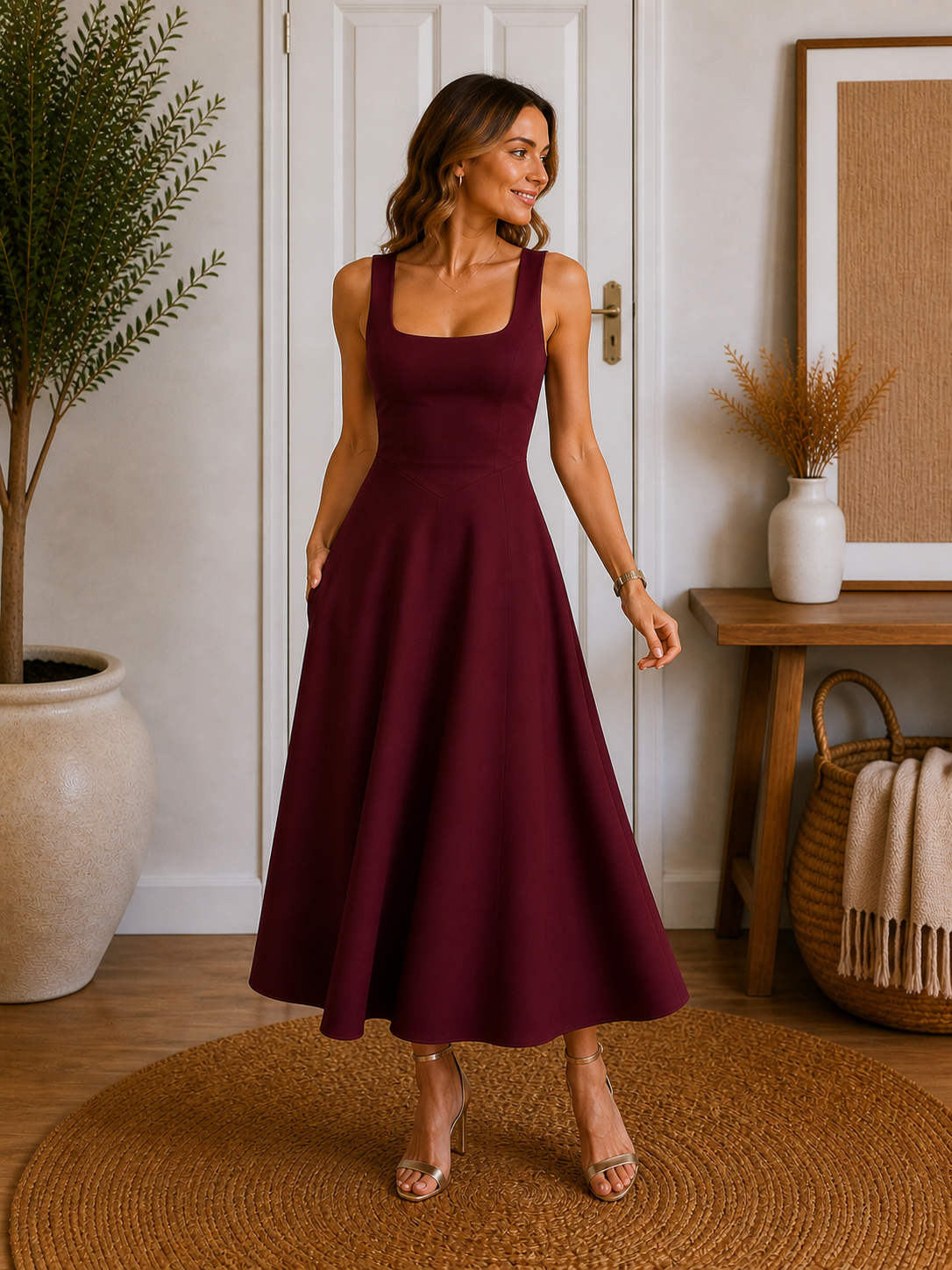 Square Neck A-line Midi Dress
