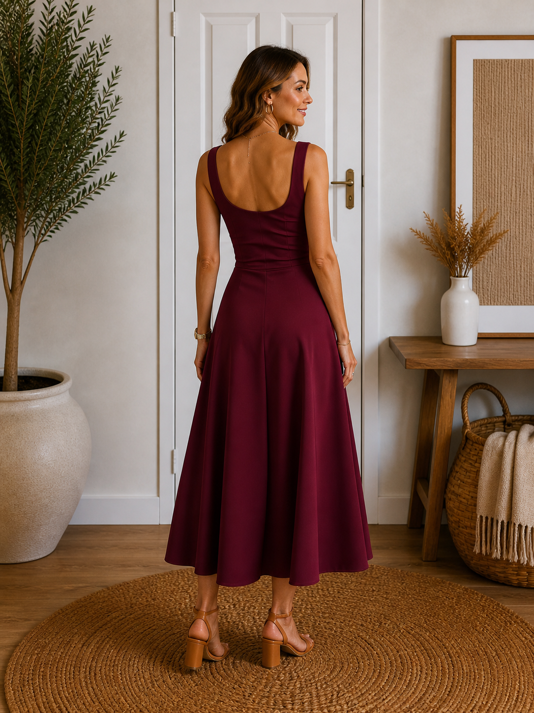 Square Neck A-line Midi Dress